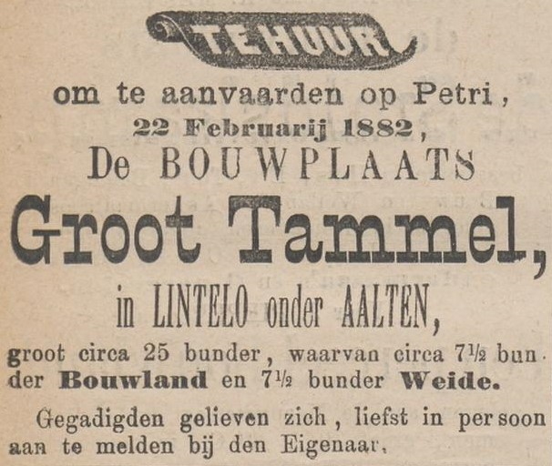 Groot Tammel, Lintelo - Zutphensche Courant, 14-05-1881