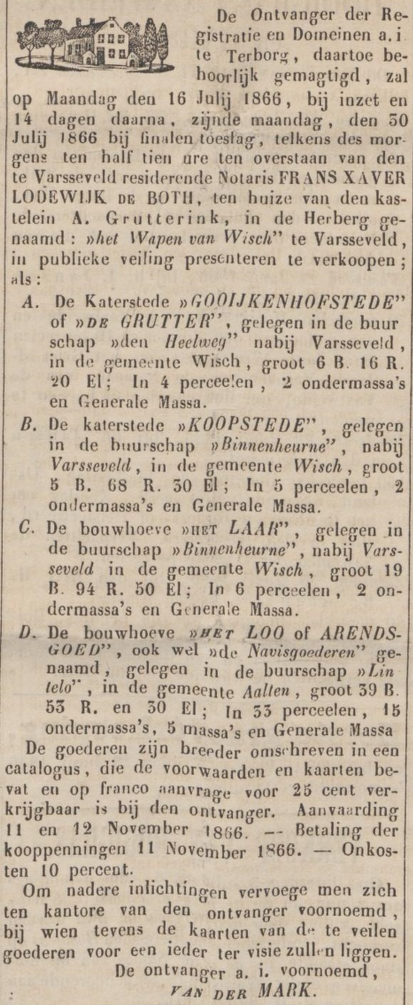 Het Loo / Arendshoeve, Lintelo - Zutphensche Courant, 23-06-1866