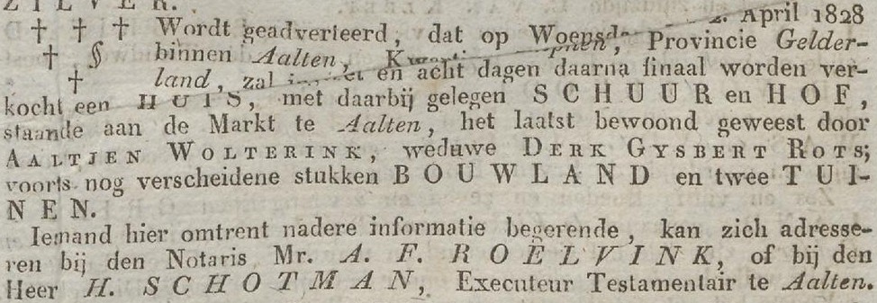 Markt 9, Aalten - Arnhemsche Courant, 25-03-1828