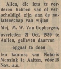 Mej. M.W. van Hopbergen - Aaltensche Courant, 07-11-1930