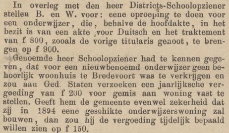 Onderwijzerswoning Bredevoort - Zutphensche Courant, 30-11-1893