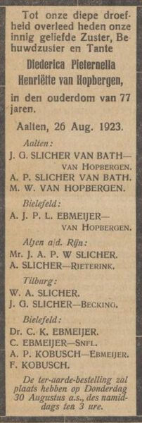 Overlijden D.P.H. van Hopbergen - Aaltensche Courant, 28-08-1923
