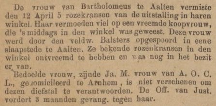 Diefstal rozenkransen Bartholomeus, Aalten - Zutphensche Courant, 16-05-1896