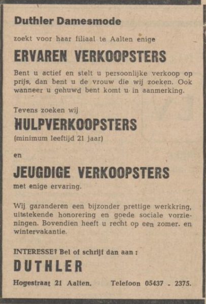 Duthler Damesmode, Hogestraat 21, Aalten - Nieuwe Winterswijksche Courant, 13-03-1972