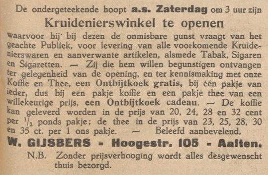 Gijsbers, Hogestraat 105 - Aaltensche Courant, 28-09-1934