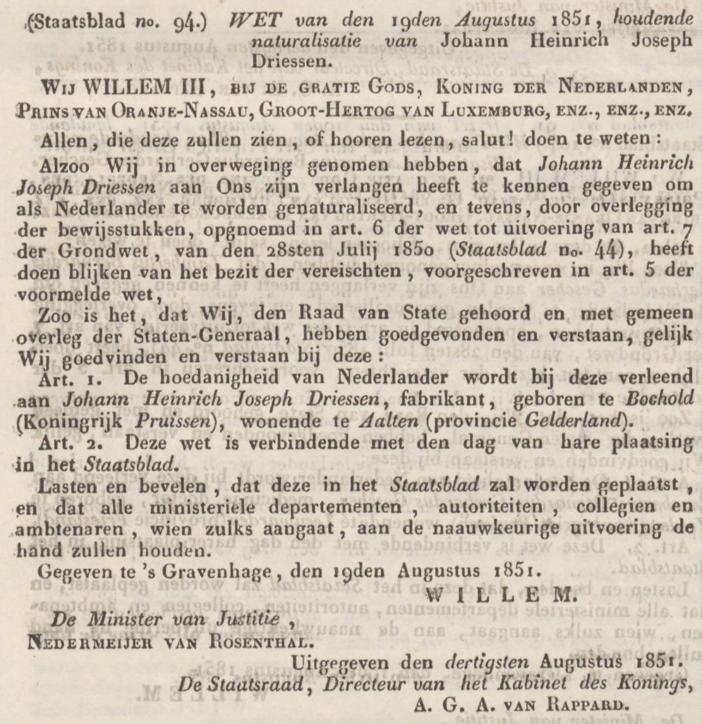 Heinrich Driessen, naturalisatie - Nederlandsche Staatscourant, 30-08-1851
