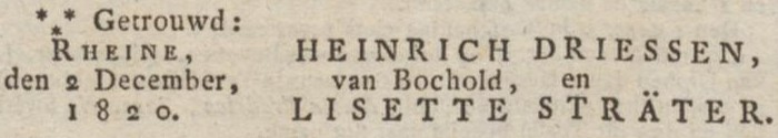 Huwelijk Heinrich Driessen & Lisette Sträter - Opregte Haarlemsche Courant, 07-12-1820