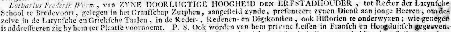 Latijnse school, Bredevoort - Oprechte Haerlemsche Courant, 29-10-1765