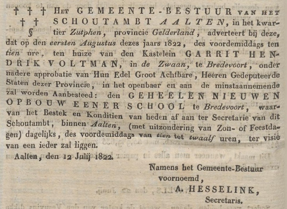 Nieuwe school Bredevoort - Arnhemsche Courant, 20-07-1822