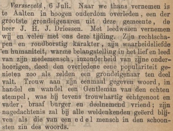 Overlijden Heinrich Driessen, Aalten - Zutphensche Courant, 08-07-1879