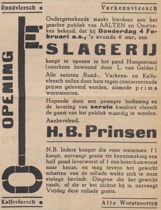 Slagerij Prinsen, Hogestraat - Aaltensche Courant, 02-02-1937