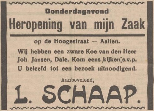 Slagerij Schaap, Hogestraat - Aaltensche Courant, 12-01-1932