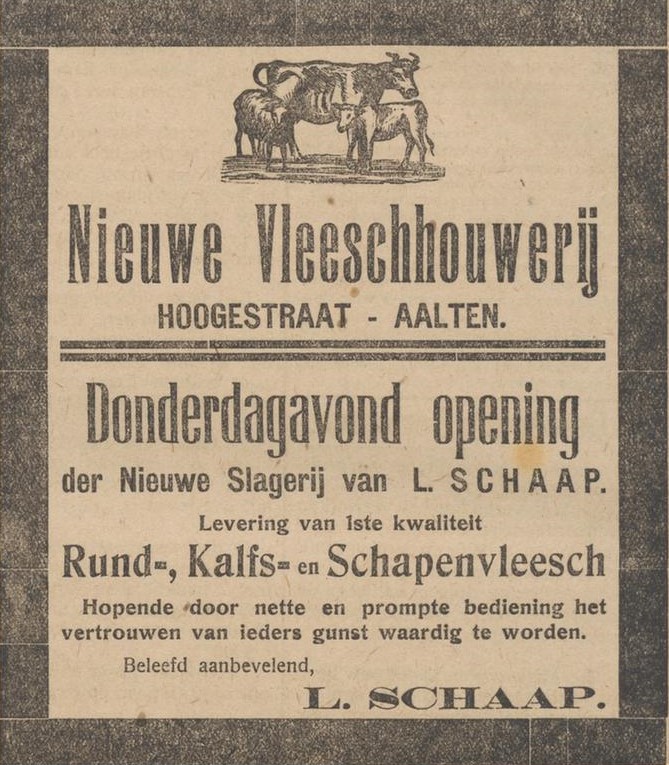 Slagerij Schaap, Hogestraat - Aaltensche Courant, 28-11-1916