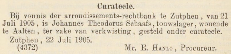 Touwslager Schaafs curatele - Nederlandsche Staatscourant, 25-07-1905