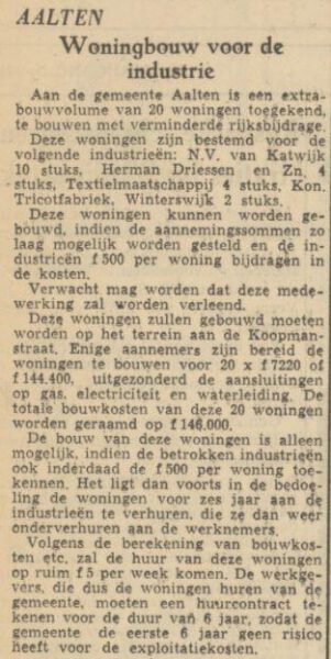 Woningbouw voor de industrie, Koopmanstraat, Hoefijzer - 10 augustus 1950