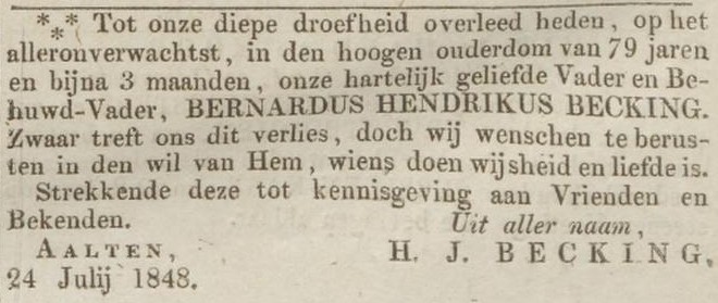 Becking, Aalten - Opregte Haarlemsche Courant, 29-07-1848