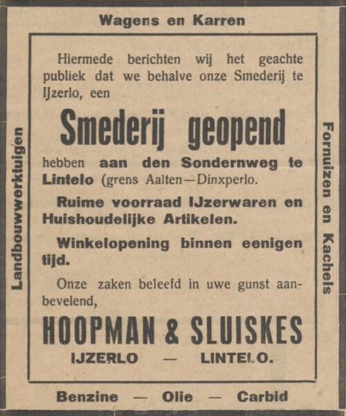 Smederij Hoop & Sluiskes, IJzerlo, Lintelo - Nieuwe Aaltensche Courant, 20-11-1931