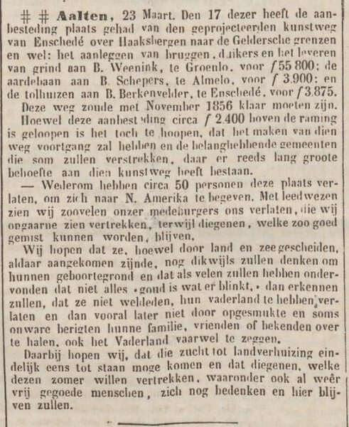 De Grondwet, 24 maart 1854, emigratie Aalten