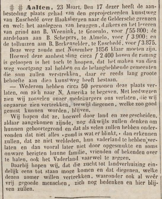 De Grondwet, 24 maart 1854, emigratie Aalten