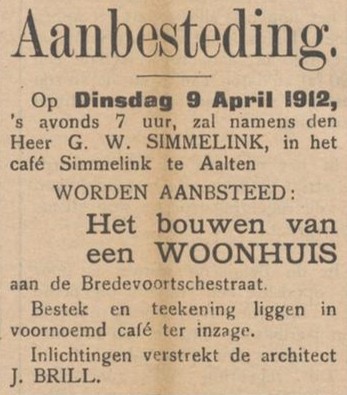 Aanbesteding bouwen woonhuis G.W. Simmelink, architect J. Brill - Aaltensche Courant, 03-04-1912
