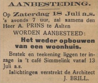 Aanbesteding woonhuis A. Prins, architect J. Brill - Aaltensche Courant, 11-07-1914