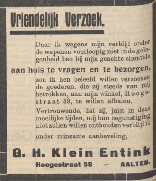 Hogestraat 59, Aalten (Klein Entink) - Aaltensche Courant, 01-09-1939