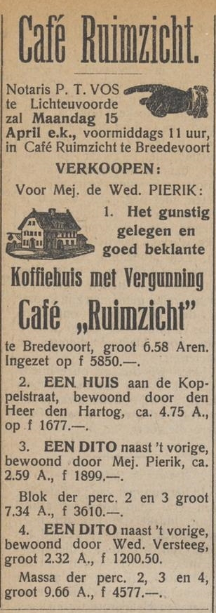 Café Ruimzicht, Bredevoort, Aaltensche Courant, 09-04-1918