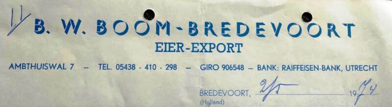 Briefhoofd B.W. Boom Eier-Export, 1974