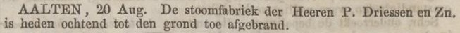 Stoomfabriek P. Driessen afgebrand, Aalten - Algemeen Handelsblad, 22-08-1859