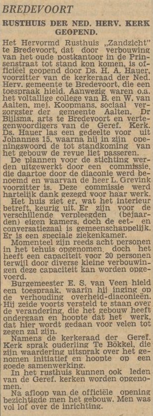 Rusthuis Zandzicht Bredevoort geopend - Dagblad Tubantia, 17-12-1952