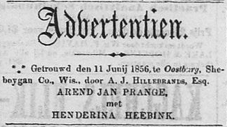 Sheboygan Nieuwsbode, 24 juni 1856 - Arend Jan Prange & Henderina Heebink