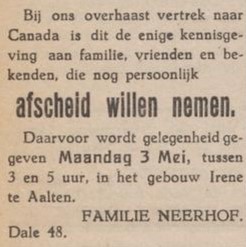 A.C. Neerhof, emigratie Canada - Aaltensche courant, 30-04-1948