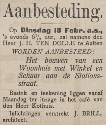 Aanbesteding woonhuis-winkel Ten Dolle, architect J. Brill - Aaltensche Courant, 08-02-1913
