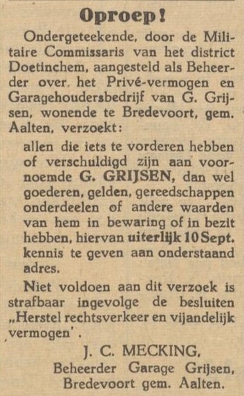 Garage Grijsen, Bredevoort - Aaltensche Courant, 04-09-1945