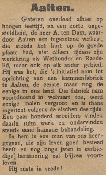 Overlijden Abraham ten Dam - Aaltensche Courant, 03-02-1915
