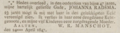 Overlijden Johanna Radsma - Opregte Haarlemsche Courant, 01-05-1847