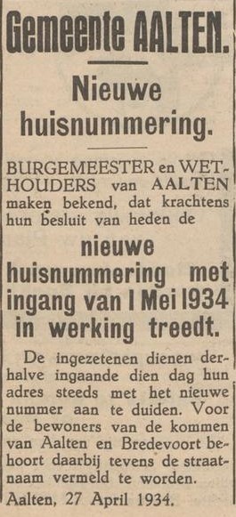Aaltensche Courant, 27-04-1934 - Nieuwe huisnummering