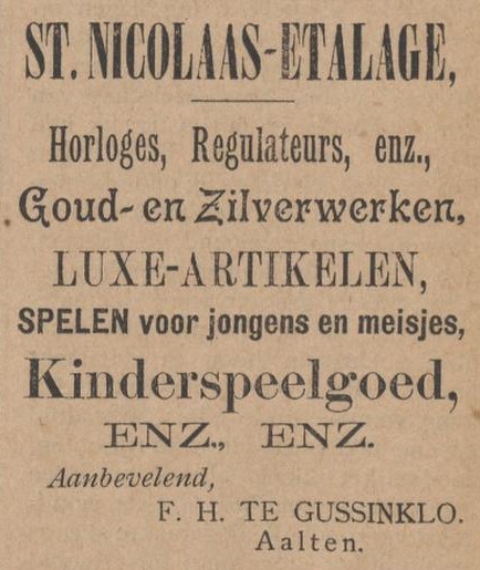 Horlogemaker Te Gussinklo, Landstraat 33, Aalten - Aaltensche Courant, 27-11-1897