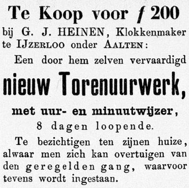 Klokkenmaker Heinen, nieuw torenuurwerk te koop - Graafschapbode, 26-01-1887