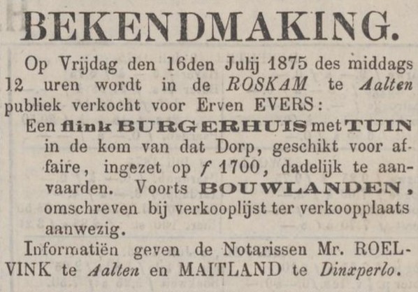 Landstraat 27, Aalten (Evers) - Zutphensche Courant, 10-07-1875