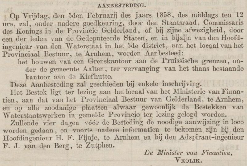 Aanbesteding Grenskantoor Aalten - Staatscourant, 09-01-1858