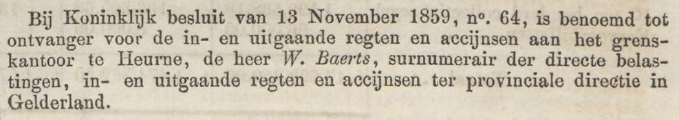 Grenskantoor Heurne, Baerts - Nederlandsche Staatscourant, 17-11-1859