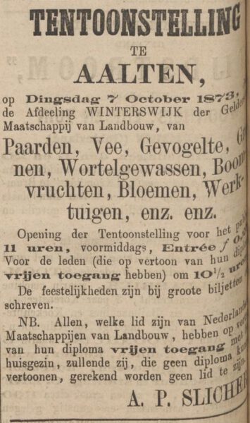 Landbouwtentoonstelling Aalten - Zutphensche Courant, 04-10-1873