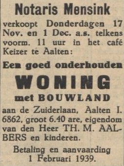 Zuiderlaan 26, Aalten - Aaltensche Courant, 15-11-1938