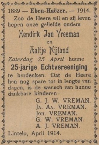 Vreman-Nijland, Lintelo - Aaltensche Courant, 25-04-1914