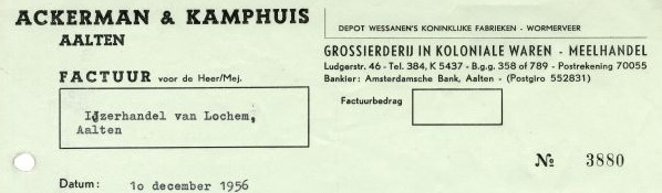 Ackerman & Kamphuis, Grossierderij in Koloniale Waren - Meelhandel, briefhoofd 1956