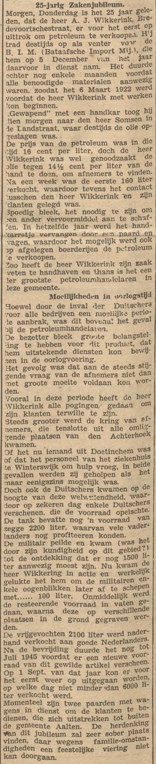 Wikkerink, 25-jarig jubileum - De Graafschapper, 05-03-1947