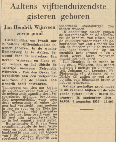 15.000e inwoner Aalten - Tubantia, 07-08-1959
