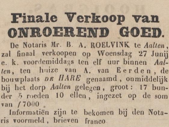 Notaris B.A. Roelvink, De Hare - Zutphensche Courant, 23-06-1866