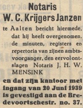 Notaris Krijgers Janzen - Aaltensche Courant, 20-06-1939